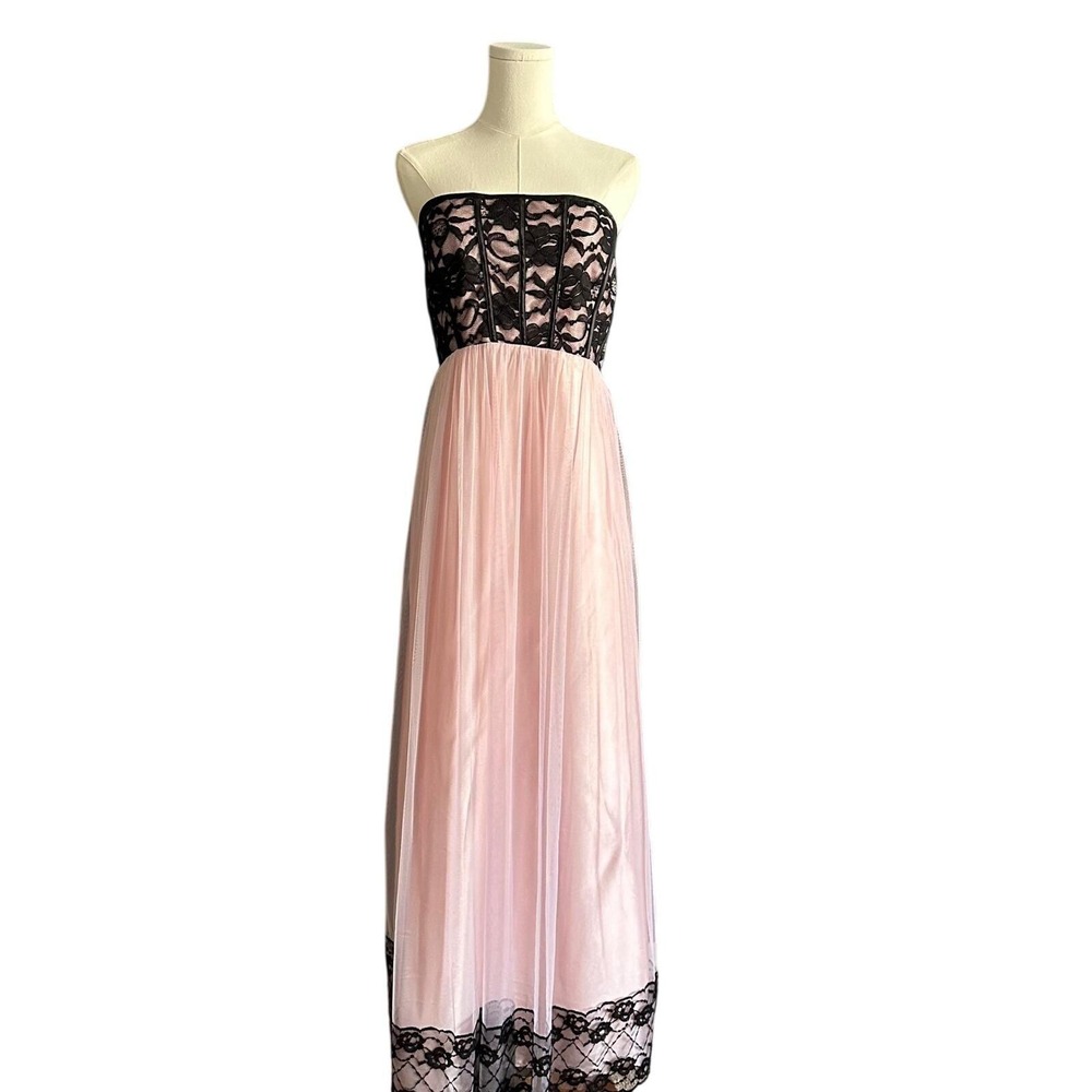Vintage Jessica McClintock Corset Tulle Prom Dress Pink Black Lace Maxi 11